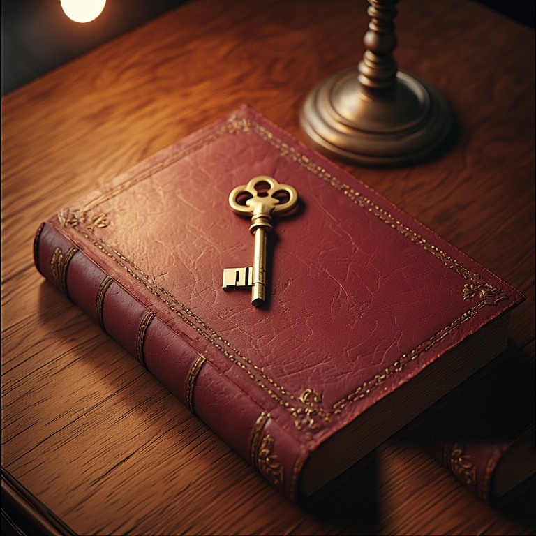 An oxblood leather-bound ledger book with an ornate brass key resting on its embossed cover, on a walnut desk.