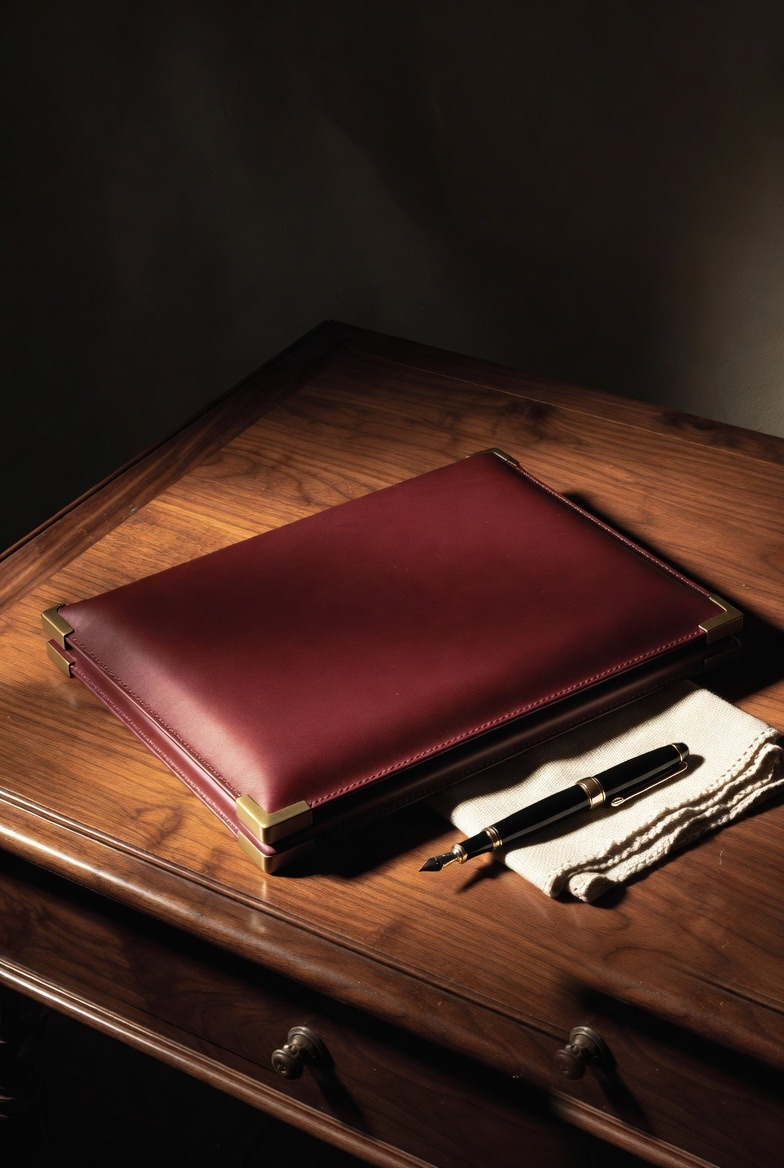 A closed oxblood leather portfolio with brass corner protectors, a fountain pen, and a folded linen handkerchief on a walnut desk.