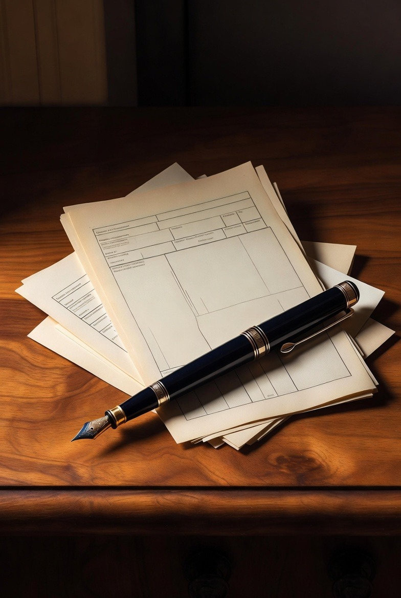 A stack of cream tax forms with a navy fountain pen on a walnut desk, lit by warm directional light.